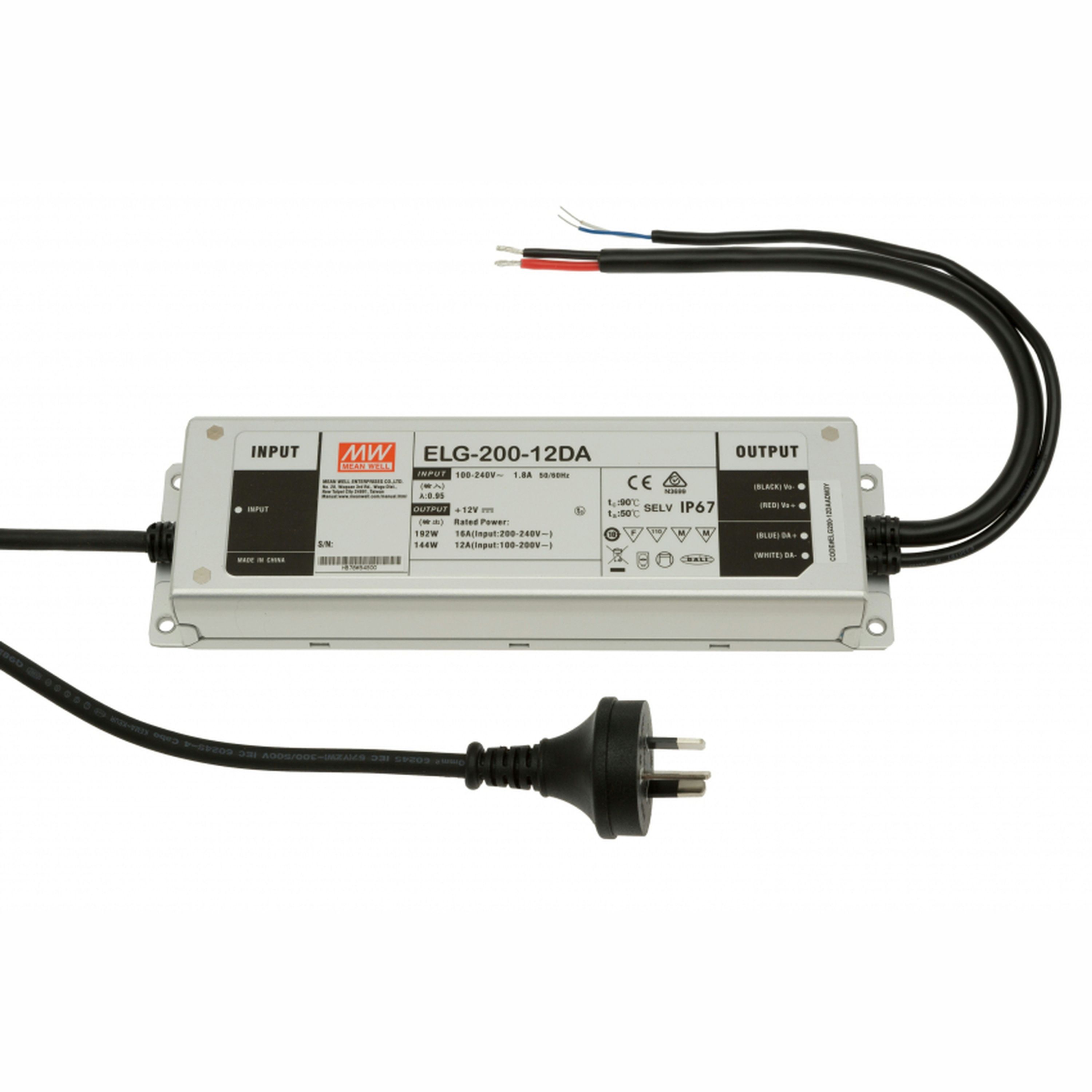 Mean Well 200W 12V 16A ELG Series LED Driver Power Supply with CC+CV and AU Main Plug with Ground