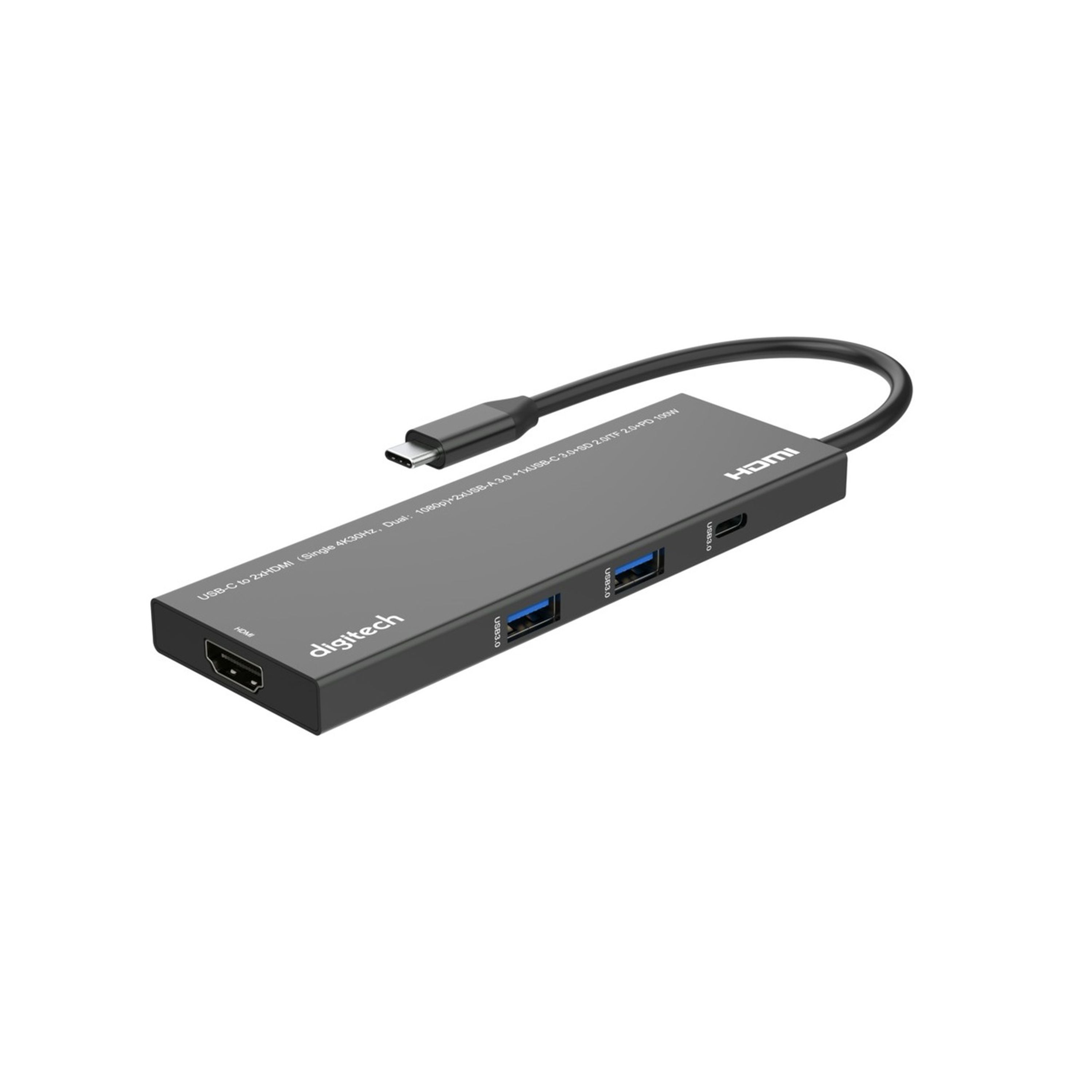 USB-C to 2xHDMI (Single 4K@30Hz, Dual:1080p) Adapter with 2xUSB-A 3.0, 1xUSB-C 3.0 (Data Only), SD 2.0/TF 2.0, PD100W