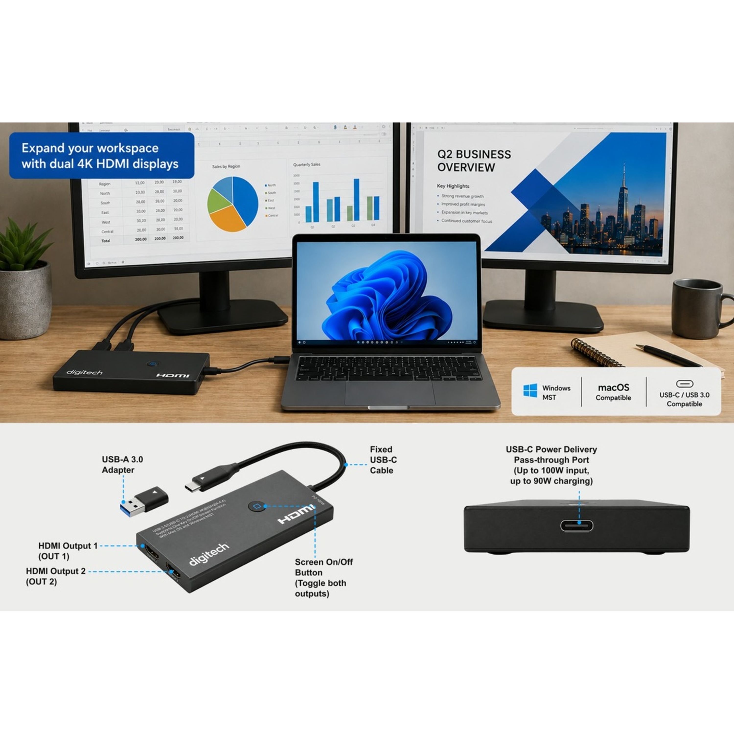USB 3.0 / USB-C to Dual HDMI 4K Display Adapter