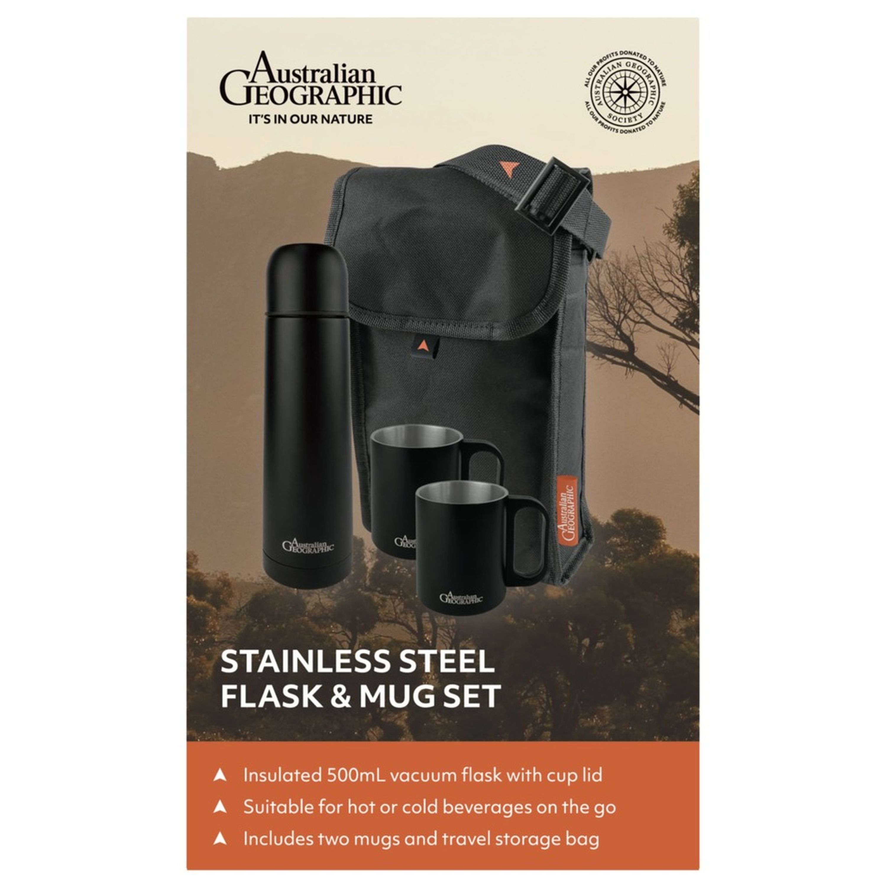 Australian Geographic Stainless Steel Flask & Mug Set- Black