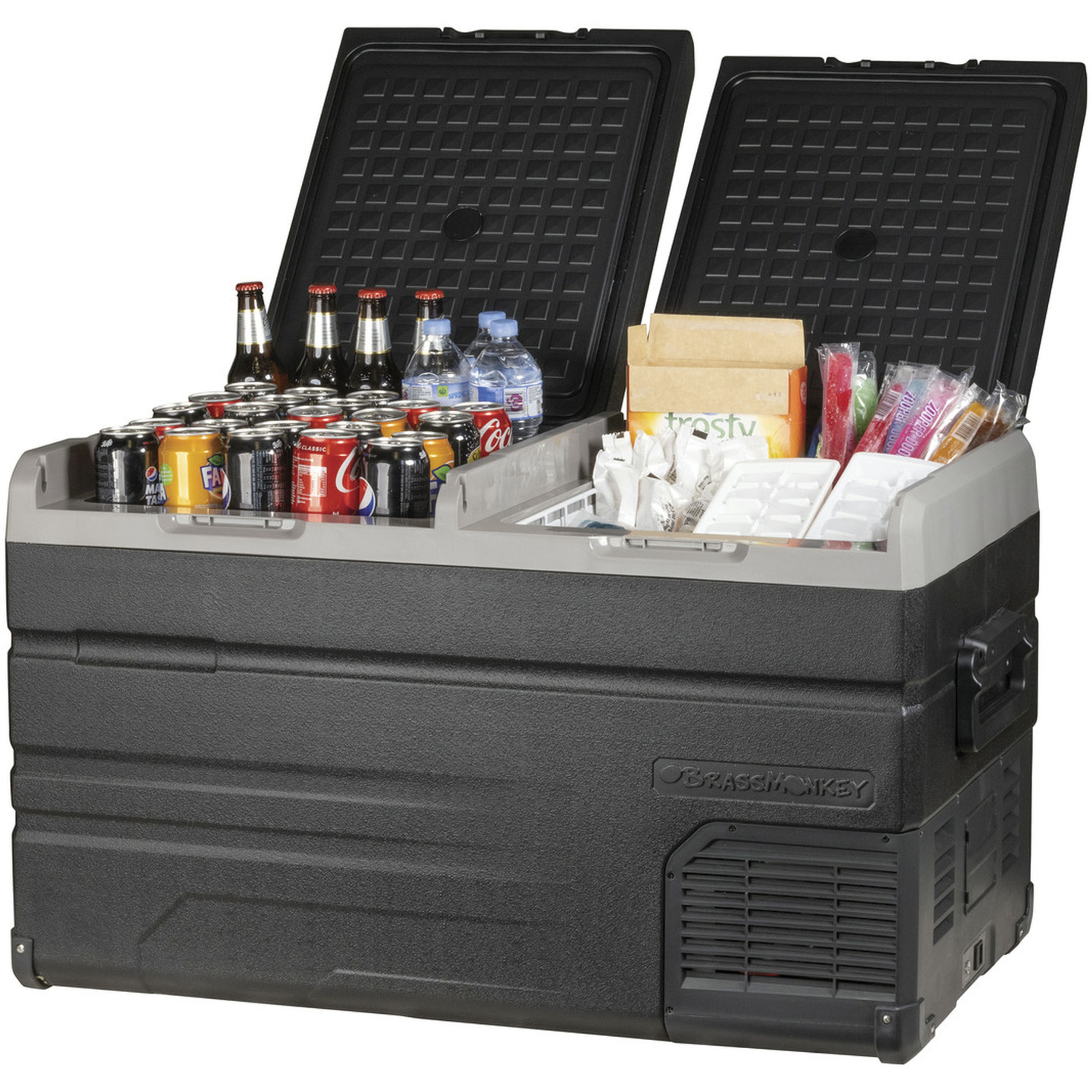 115L Brass Monkey Portable Low Profile Dual Zone Fridge/Freezer with Battery Compartment