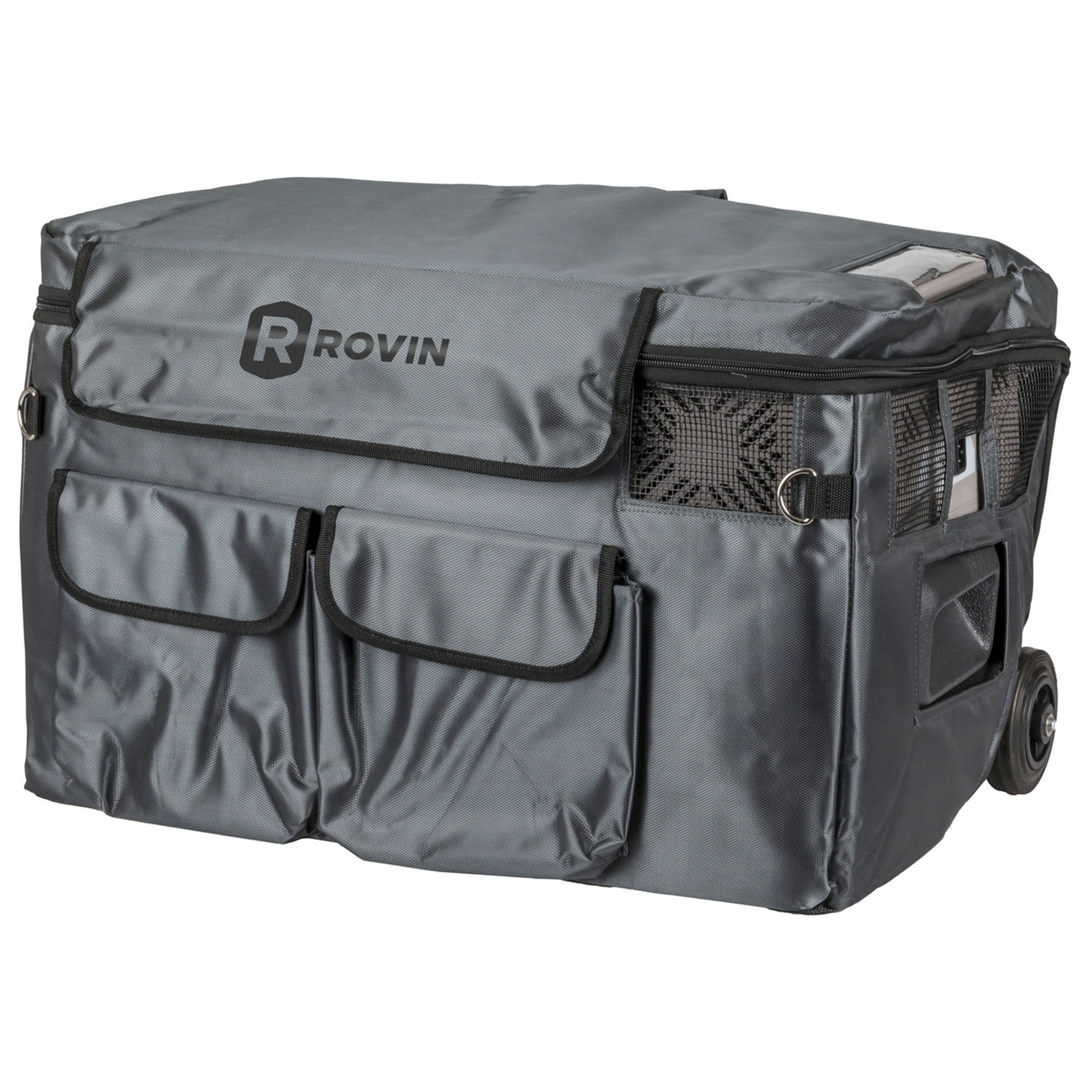 Grey Insulated Cover for 50L Rovin Portable Fridge Freezer with Handle Wheels Solar Input and Battery Compartment