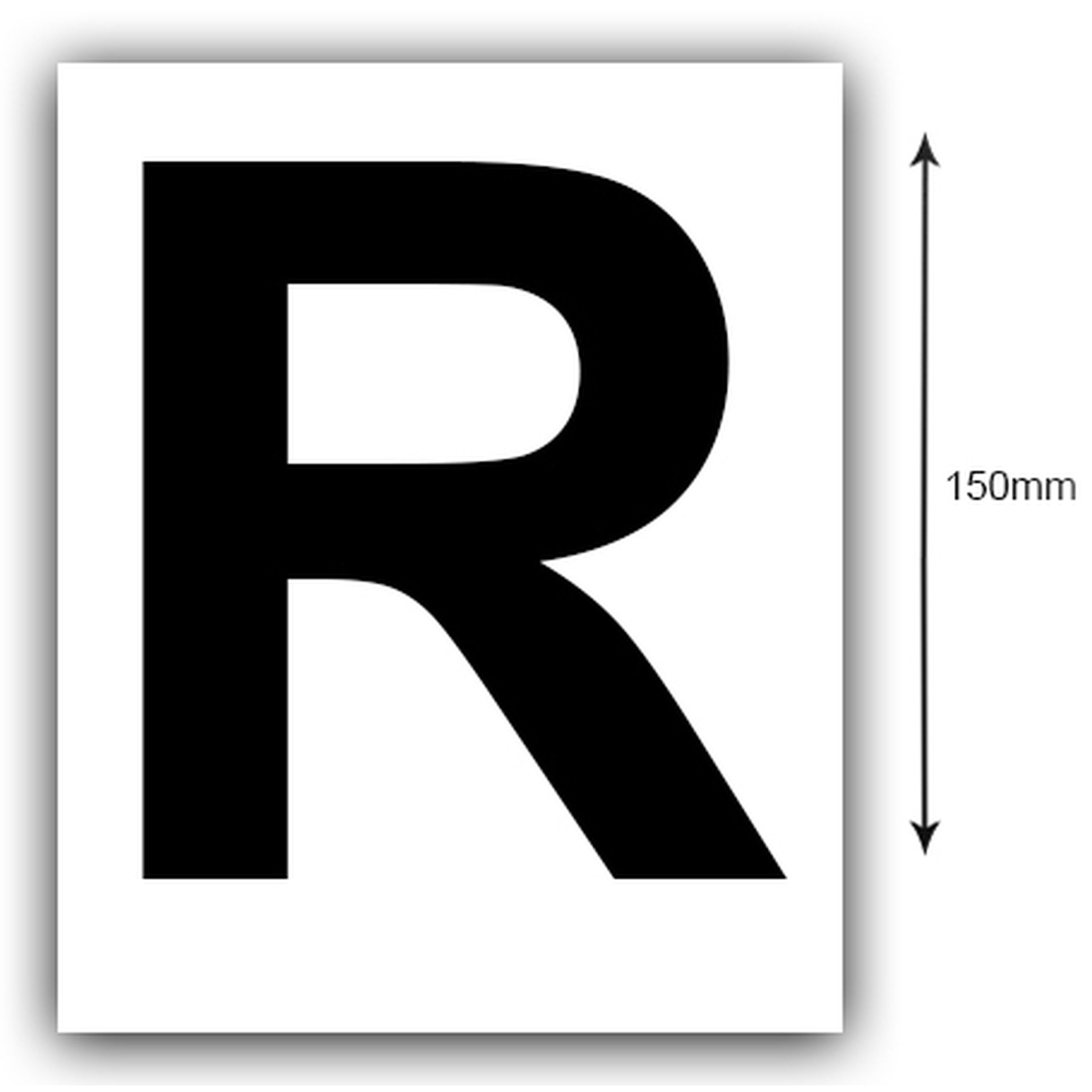 150mm Black on White Rego Letter (R) Sticker, Sold as a Pair