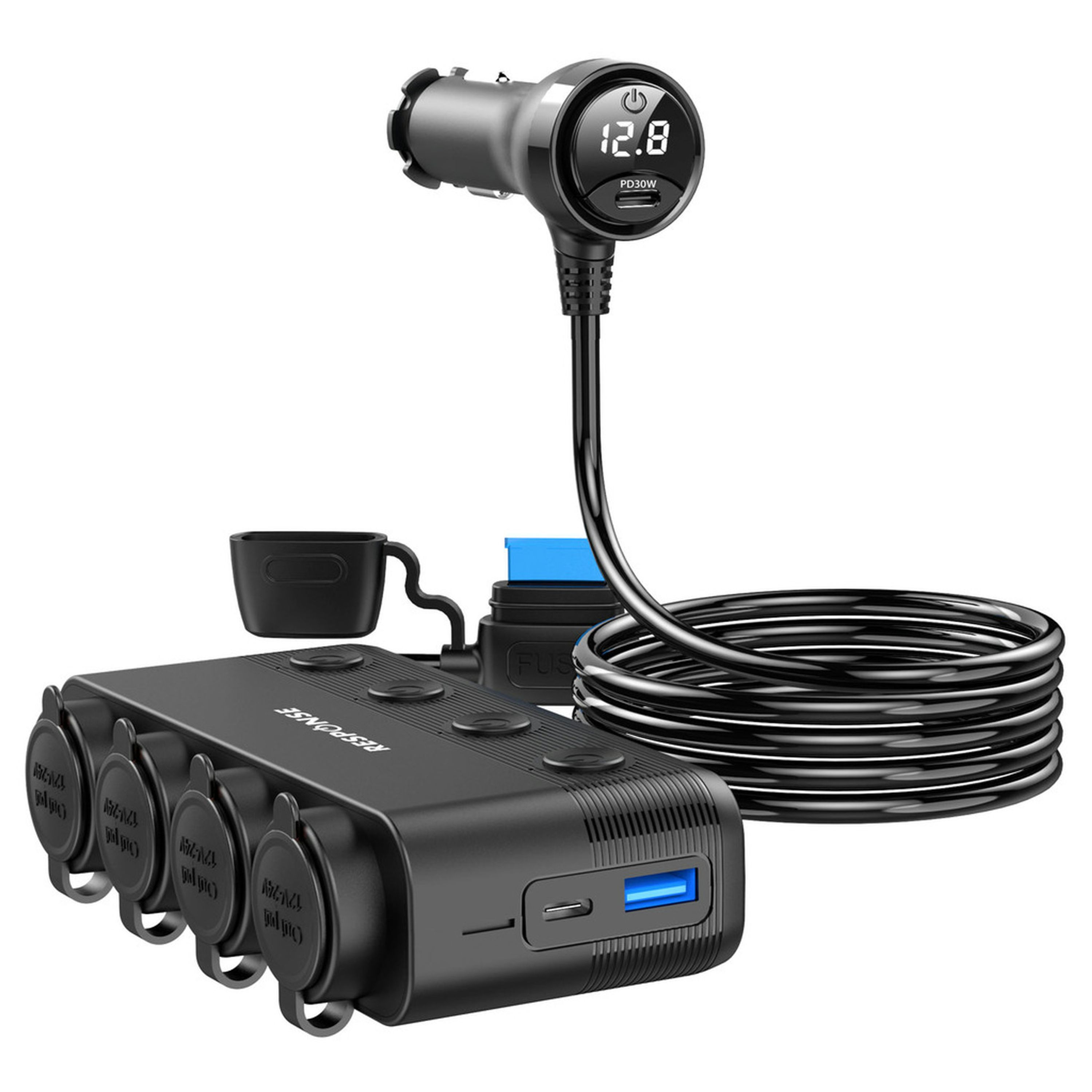 4-Way Cigarette Lighter Splitter with USB Charging Ports and Voltage Display