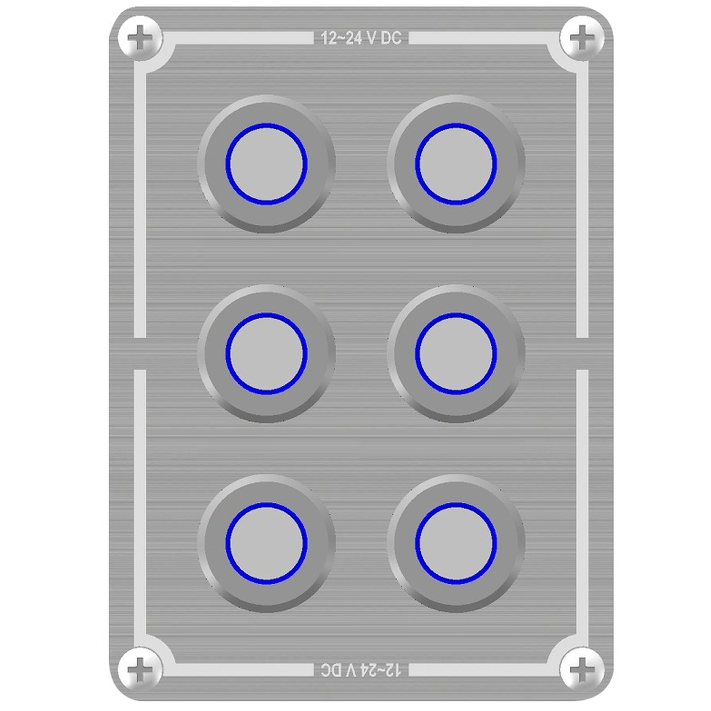 Powertech 6 Way Stainless Steel Switch Panel With Blue Illuminated Switches and Marine Label