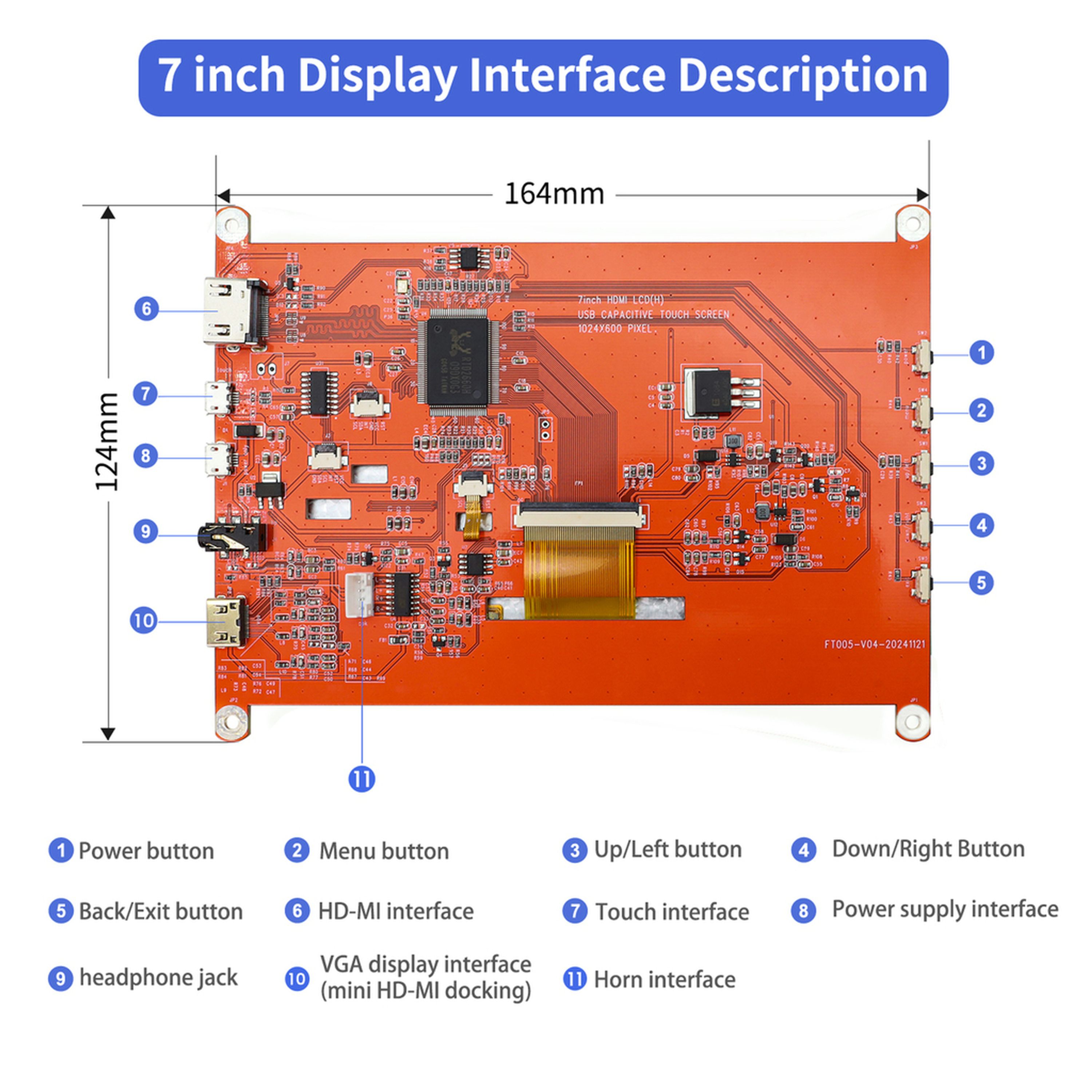 1024x600 HDMI 7in Screen with USB Capacitive Touch